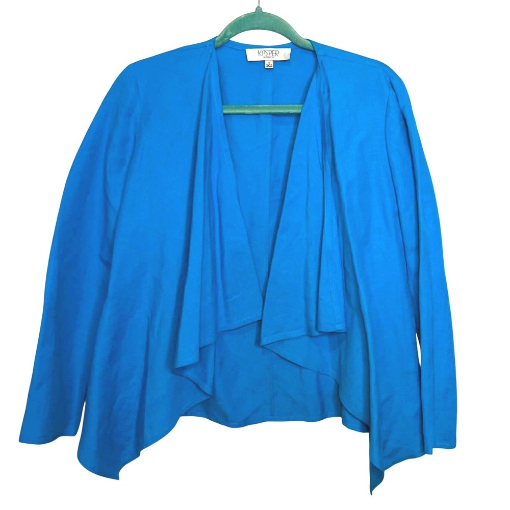 Kasper Separates Women Blue Linen Blend Draped Open Front Blazer J1JM20A5106 4